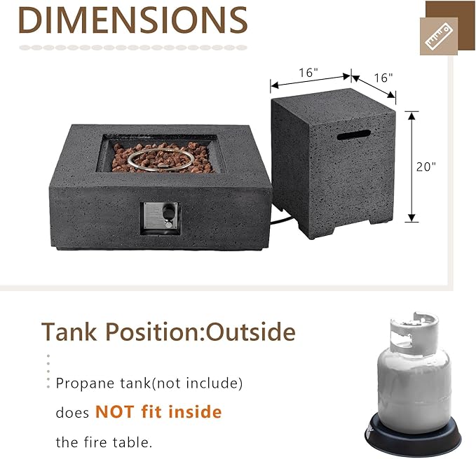 COSIEST Outdoor Propane Fire Pit Coffee Table w Square Faux Stone 35-inch Base, CSA Certified, 50,000 BTU Stainless Steel Burner, Free Lava Rocks and Rain Cover,Tank Cover, Gray
