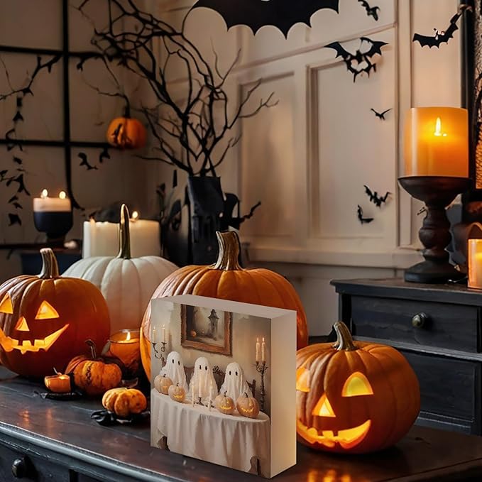Mtrgdn Cute Halloween Decor,Halloween Decorations Indoor,Ghost with Pumpkin Desk Decor Wooden Box Sign,Halloween Home Office Kitchen Bathroom Bedroom Coffee Bar Table Shelf Wall Decorations,5x5 Inch