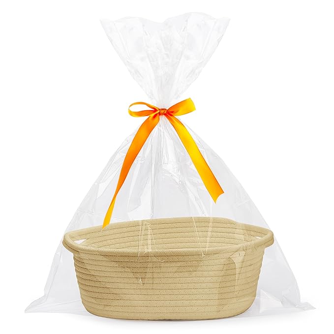 Pro Goleem Small Woven Basket with Gift Bags and Ribbons Durable Baskets for Gifts Empty Small Rope Basket for Storage 12"X 8" X 5" Baby Toy Basket with Handles, Khaki