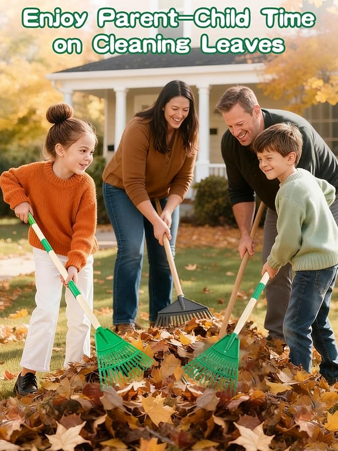 Acostop 2 Pcs Kids Rakes with Wood Handle - 34" Lightweight Plastic Garden Rake for Leaves, Safe to Use Kid Yard Tools for Boys Girls Fall Gardening Gifts (Green)