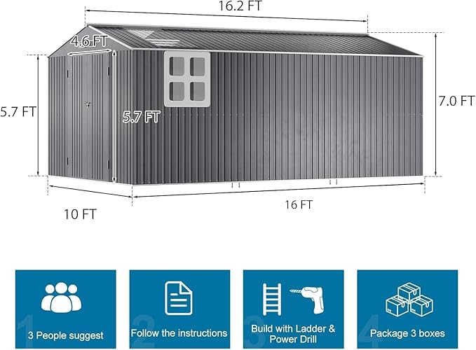 Restland 10x16 FT Outdoor Storage Shed with Floor Base Frame Reinforced Metal Shed with Clear Roof, Air Vent & Lockable Door Large Garden Tool Storage Sheds for Backyard, Garden, Lawn