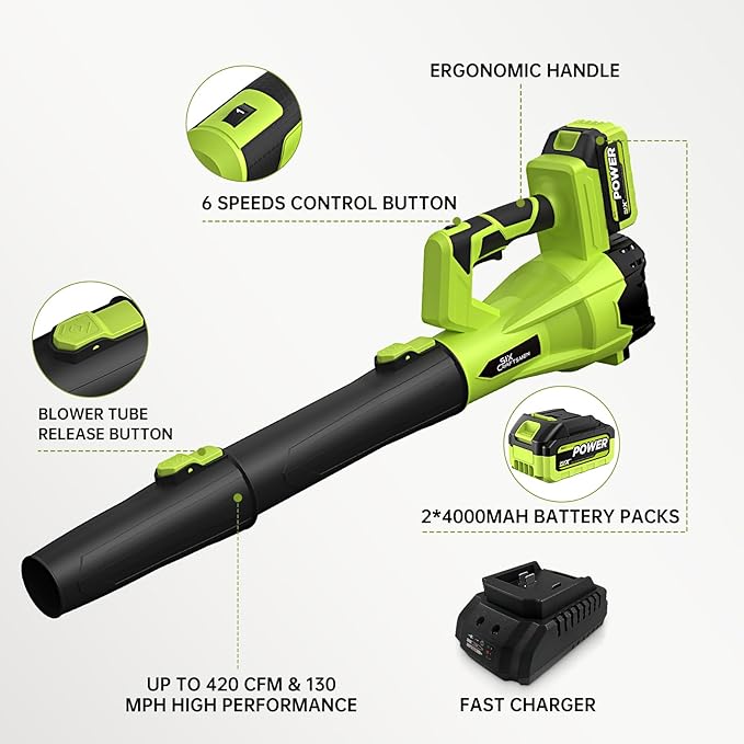 Leaf Blower Cordless,SIXCRAFTSMEN 21V Cordless Electric Blower with 2 Batteries and Fast Charger, 6-Speeds Lightweight Leaf Blower with Extension Tube for Patio, Lawn,Garage,Blowing Leaves, Dust, Snow