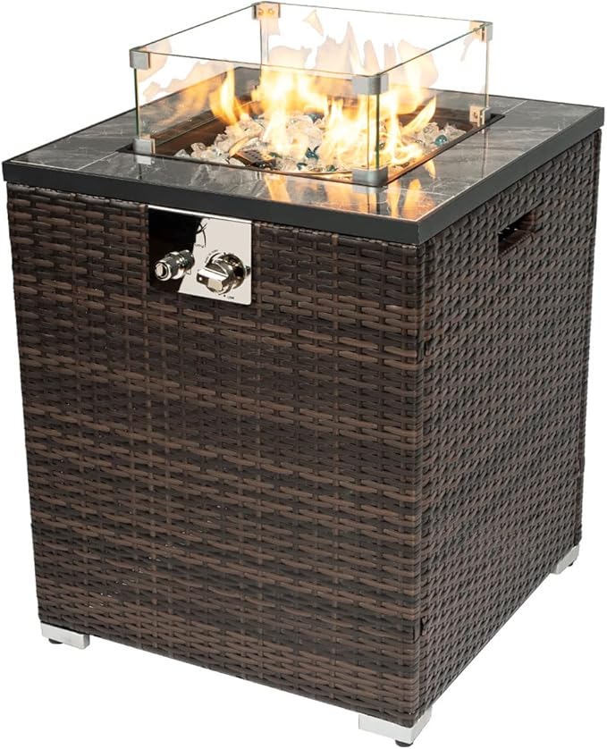 40,000 BTU Outdoor Propane Fire Pit Table with Auto-Ignition - Tempered Glass Wind Guard, Marble Tile Surface, Mixed-Color Fire Glass Rocks & Weather-Resistant Brown PE Rattan