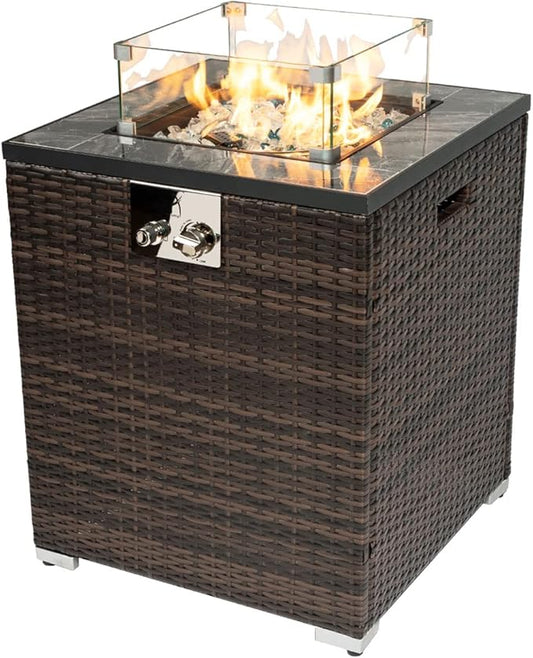 40,000 BTU Outdoor Propane Fire Pit Table with Auto-Ignition - Tempered Glass Wind Guard, Marble Tile Surface, Mixed-Color Fire Glass Rocks & Weather-Resistant Brown PE Rattan