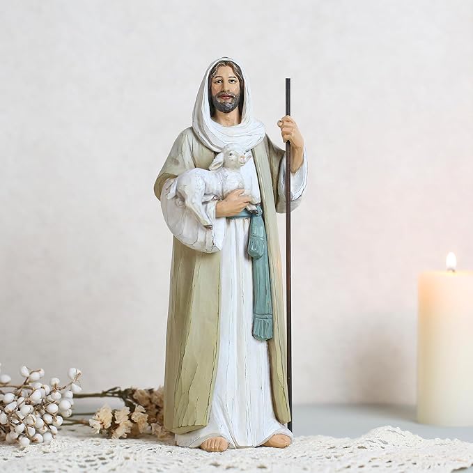 Good Shepherd Statue Jesus Holding Lamb 9.5inch Religious Modern Home Decor Figurine Indoor Tabletop Religious Gift