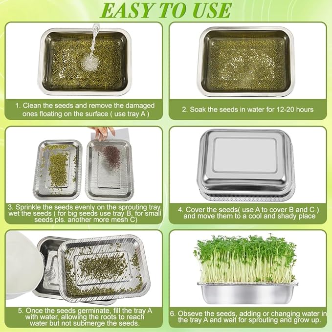 Picowe Stainless Steel Sprouting Trays Seed Sprouting Kit with Stainless Steel Mesh Tray Seed Starter Tray Seed Sprouting Kit (2pack, 10.4 x 7.7inch)