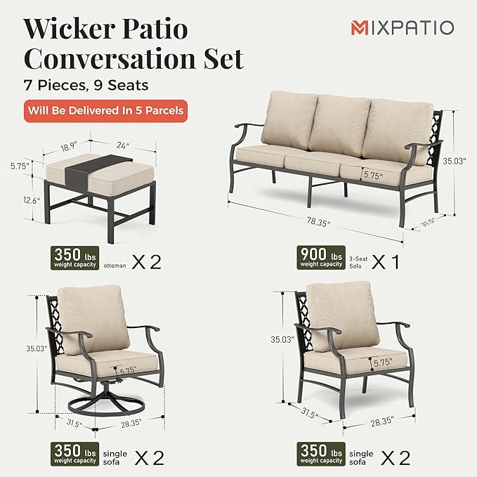 Patio Furniture Set 7 pcs, Outdoor Patio Furniture, 3-Seat Sofa, 2 Single Chairs, 2 Swivel Chairs, 2 Ottomans and 5.75" Extra Thick Cushion, Patio Conversation Set for Backyard Deck,Beige