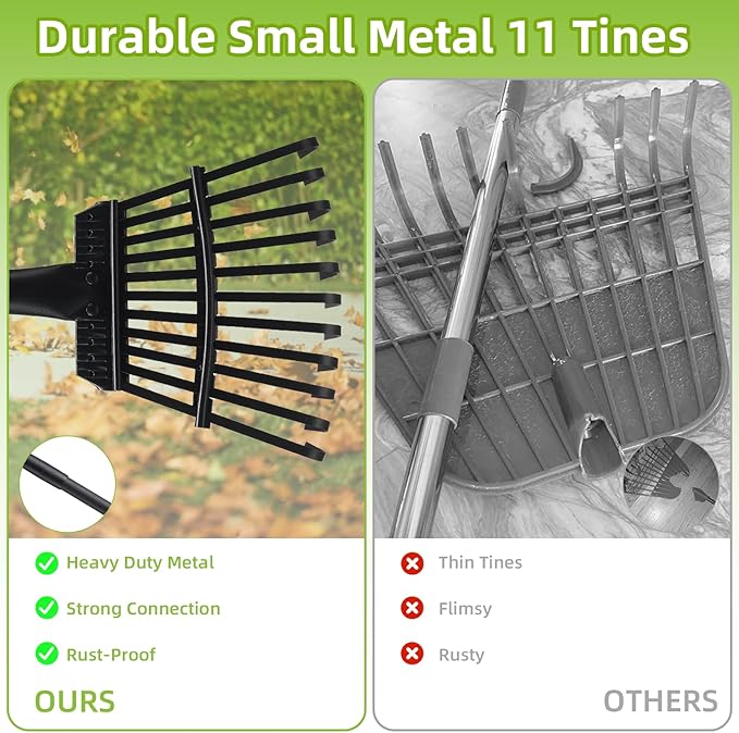 Small Rake for Gardening 63 Inch Adjustable Heavy Duty Garden Leaf Rakes Garden Tools 11 Metal Tines Small Garden Rake for Shrub Flower Bed Mulch Camping, Black