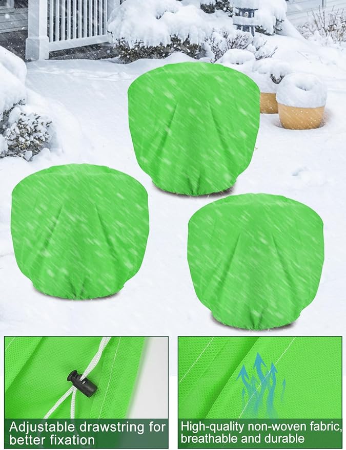 ANPHSIN 3 pcs Plant Covers Freeze Protection, 39.3in x 39.3in Shrub Tree Plant Protection with Drawstring, Frost Cloth Wraps Blanket Freeze Bags for Winter Outdoor Garden Potted Plants Green