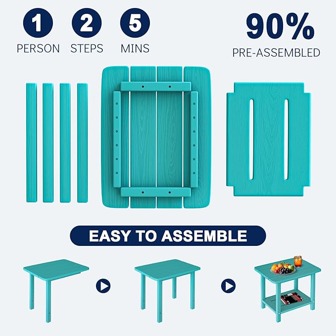 nevilywood Adirondack Square Side Table - 18.4" Large Panel HDPE Outdoor End Table - Weatherproof, Rustproof & Low Maintenance for Patio, Lawn, Pool, Indoor Use (Aruba)
