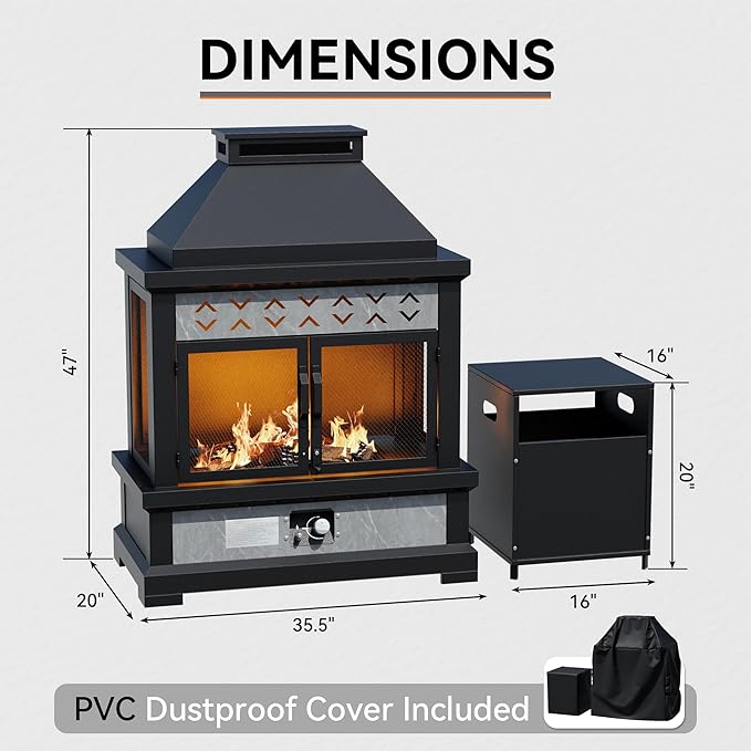 35" Outdoor Propane Fireplace with Tank Storage, 50,000 BTU Outdoor Gas Fire Pit with CSA Certified, Dust Cover, Smokeless Ceramic Wood, Adjustable Flame for Patio, Garden, Deck, Grey