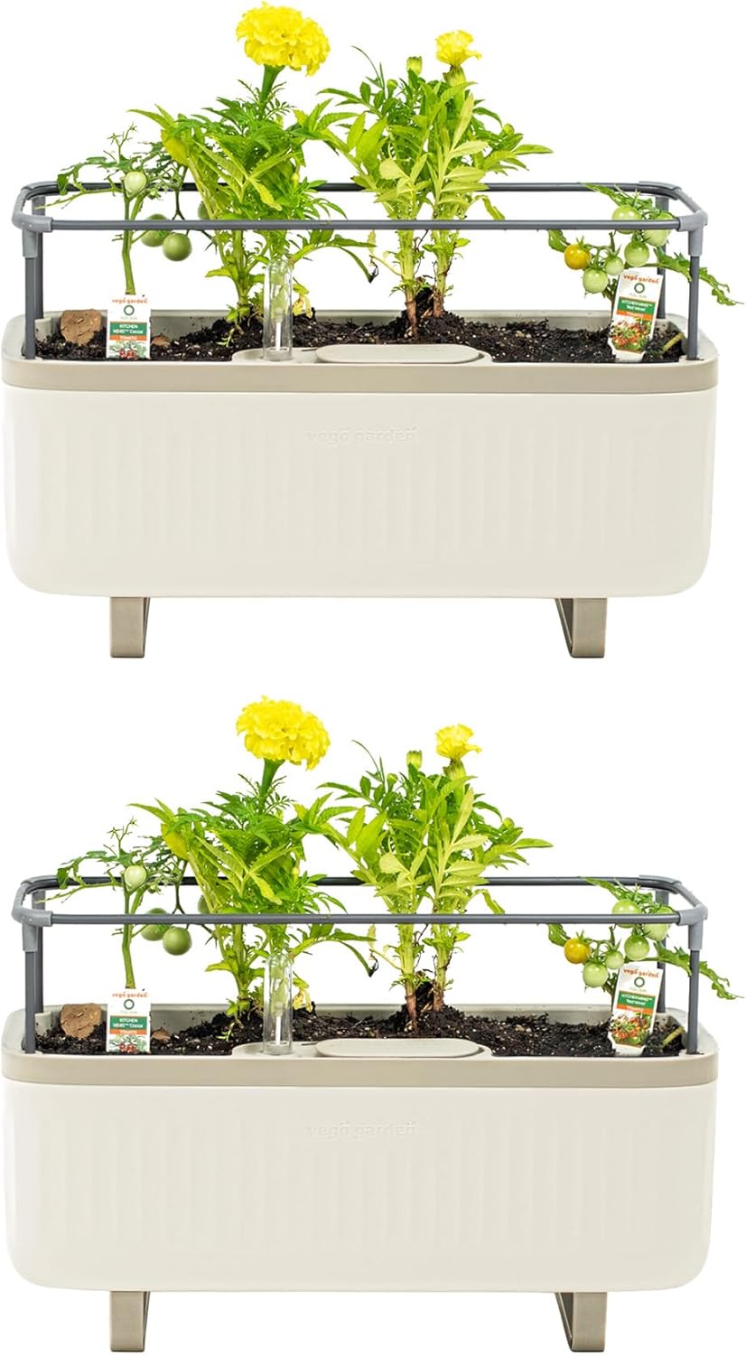 Vego Garden 2 Pack Herb Indoor Planter Box, Self Watering Pots with Trellis for Kitchen Window Sill or Countertop Plants Cage - Cream White