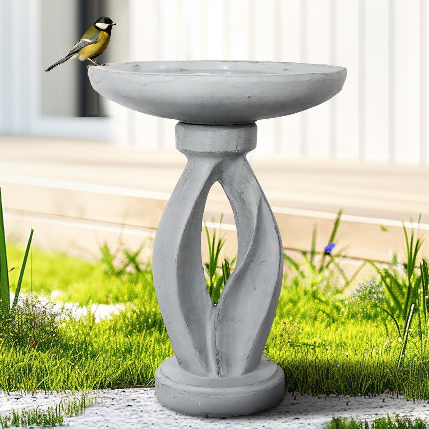 SKYFIRE 21.8" Tall Outdoor Bird Bath for Garden -Concrete Modern Freestanding Patio Birdbath, Decoration Yard Statue for Garden, Patio, Lawn -16”Dia X 21.8”H Contemporary Birdbaths with Pedestal