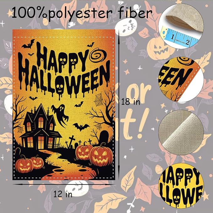Fokongna Happy Halloween Garden Flag, Halloween Ghost Bat Haunted Castle Decor Flag, 12x18 Inch Burlap Vertical Double Sided Flags, for Home Yard Outside Decorations