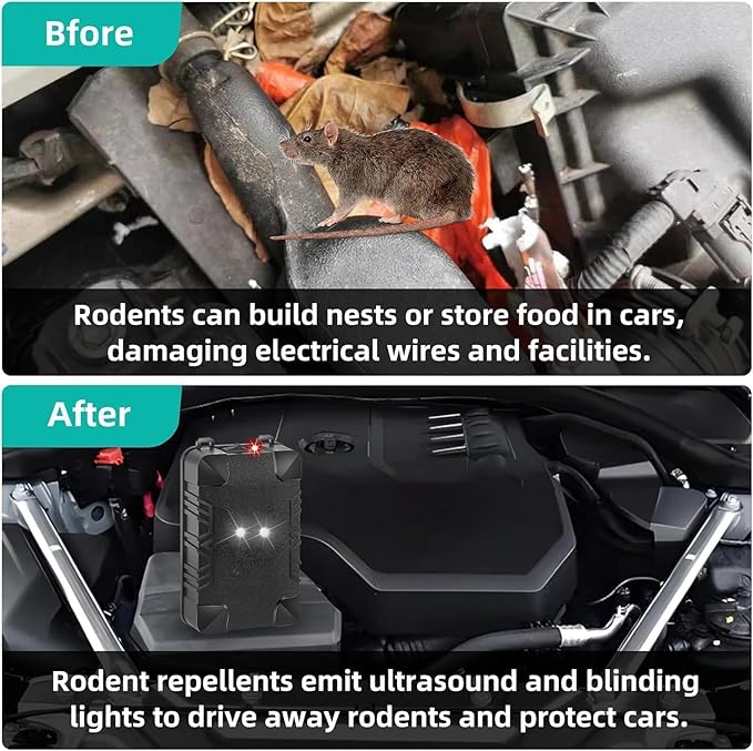 4Pack Rodent Mouse Repellent for Car Engines, Rat Mice Deterrent for Cars with Strobe Light, Under Hood Plug-in Battery Operated Car Mouse Repellent, Keep Squirrel Out of Trucks, Attic, Garage, Barn