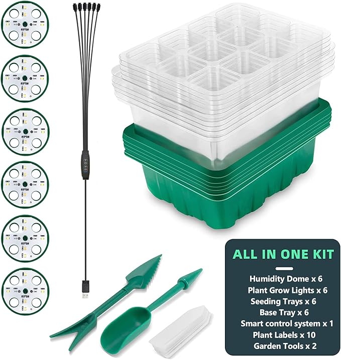 Seedling Starter Tray 6 Packs Seed Starter Tray with Grow Light, Smart Controller Seed Starting Trays Kit with Humidity Dome (72 Cells) Indoor Gardening Plant Germination Trays Green