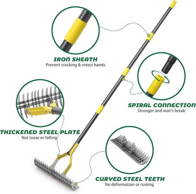 Thatch Rake,70 Inch Heavy Duty Lawn Thatching with Adjustable Stainless Steel Handle,Multiple Garden Rake for Leaves,Lawn Loosening Soil,Backyard,Garden