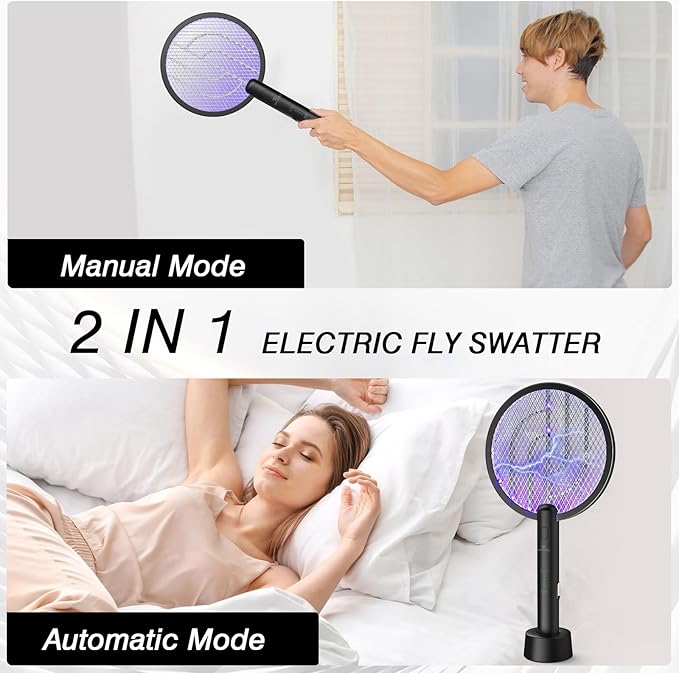 Bug Zapper Racket, 2 in 1 Fly Swatter USB Rechargeable, 4000V Electric Fly Zapper with 3 Layer Safety Mesh，Electric Racket for Kitchen, Home, Garden and Outdoors(2 Pack