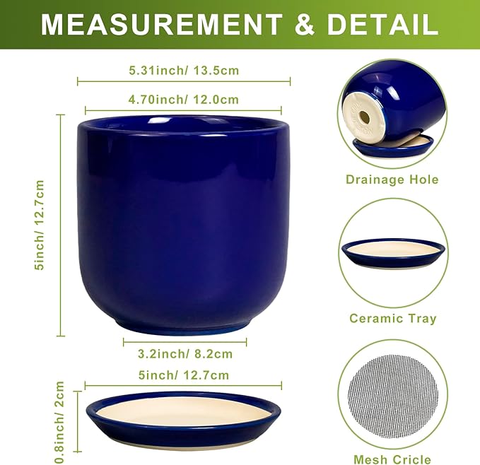 Succulent Pot 5 Inch - Modern Ceramic Planter for Indoor Plants with Drainage Hole and Saucer, Office Home Room Patio Decor, Blue