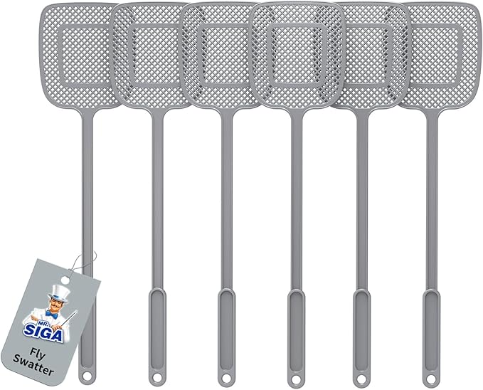 MR.SIGA Heavy Duty Long Handle Fly Swatter, Gray, 6 Pack