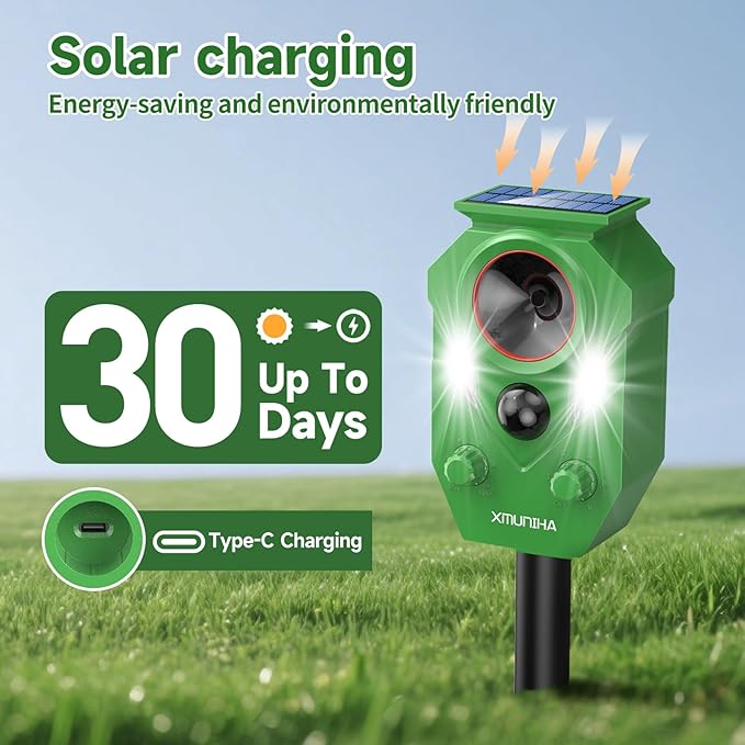 Solar Ultrasonic Animal Repellent Outdoor, Deer Repellent for Yard with RIP Sensor, IP65 Waterproof Squirrels Repeller, Effective Deterrent Cat, Raccoons, Skunks, Rabbits - Light Green
