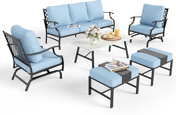 Patio Furniture Set 6 pcs, Outdoor Patio Furniture, 3-Seat Sofa, 2 Rocking Chairs, 2 Ottomans, Coffee Table and 5.75" Extra Thick Cushion, Patio Conversation Set for Backyard Deck,Blue
