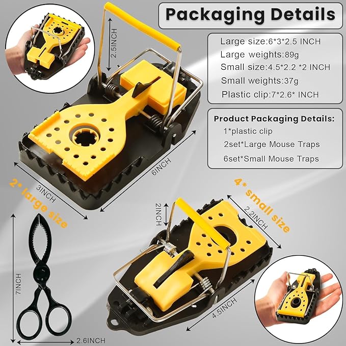 Mouse Traps - Rat Trap Quick Effectively Best Mousetrap [2025 Update] Mousetraps Used Indoor & Outdoor Reusable Mouse Traps, Snap Traps for Mice Traps Used Anywhere 9set(2L+6s+1*Clip)