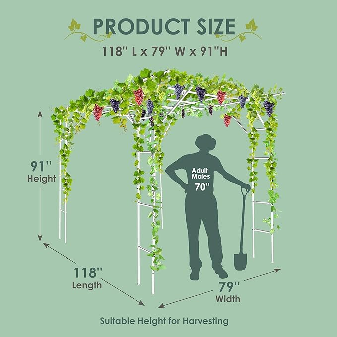 SHANTRA 118'' L x 79'' W x 90.5'' H Grape Vine Support Arch Arbor, Garden Arch Trellis, Plant Climbing Pergola, Arbour Gazebo for Backyard Decoration, White Rack for Vineyard