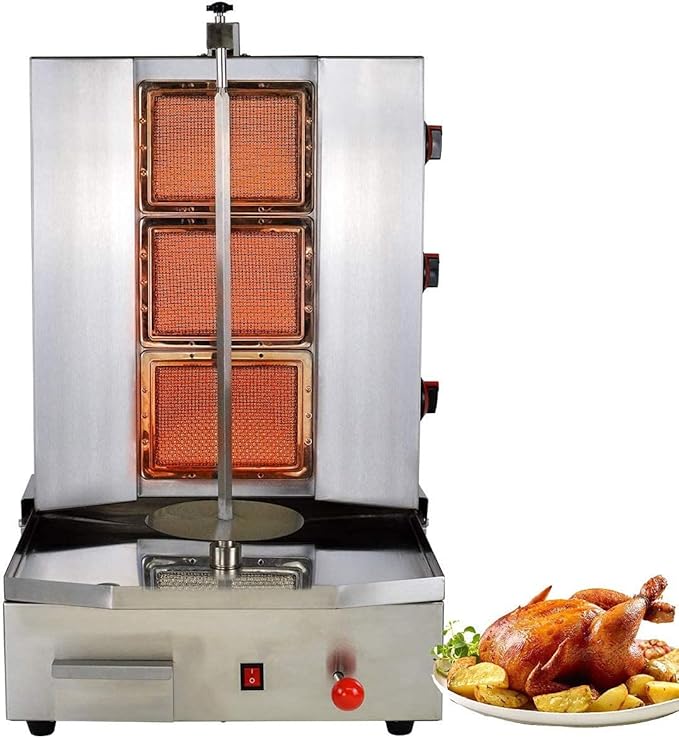 Shawarma Machine with 3 Burners Roaster Kitchen Kebab Grill Propane Gyro Machine Automatic Rotation for Restaurant Kitchen Garden