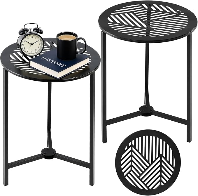 2 Packs 13" Small Metal Side Tables Indoor Black Outside End Table for Outdoor Patio Round Accent Garden Corner Stand for Small Spaces Weather-Resistant Coffee Table for Balcony Porch Plant Stand