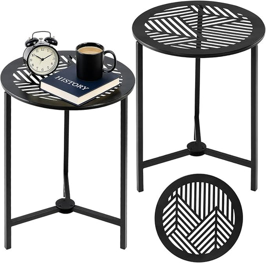 2 Packs 13" Small Metal Side Tables Indoor Black Outside End Table for Outdoor Patio Round Accent Garden Corner Stand for Small Spaces Weather-Resistant Coffee Table for Balcony Porch Plant Stand