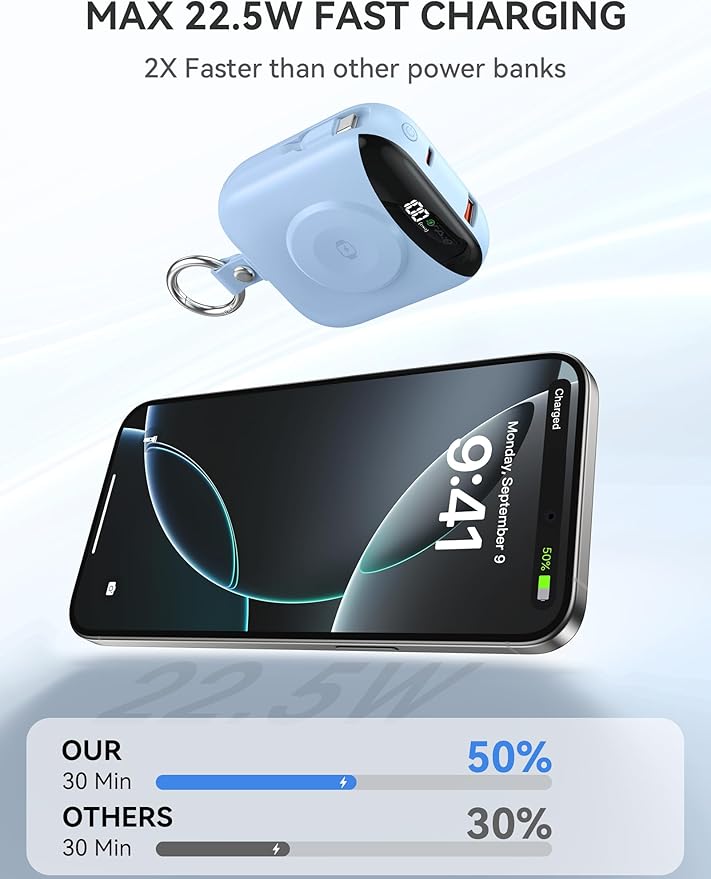 Portable Charger Power Bank, 10000mAh 22.5W Fast Charging Phone Charger with Built-in Cables, Travel Essential Battery Pack with LED Display, Keychain Battery Bank for iPhone, iWatch 10/9/8/7/6/5 Blue