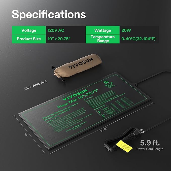 VIVOSUN Durable Waterproof Seedling Heat Mat 10" x 20.75" UL & MET-Certified Warm Hydroponic Heating Pad for Germination, Indoor Gardening, Greenhouse