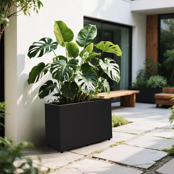 2 Pack Planter Box Rectangular Block - 24×16×12IN Galvanized Steel Long Planter Easy Installation Modern Outdoor Tall Planters All-Weather Use with Drainage Holes for Patio/Porch(Black)