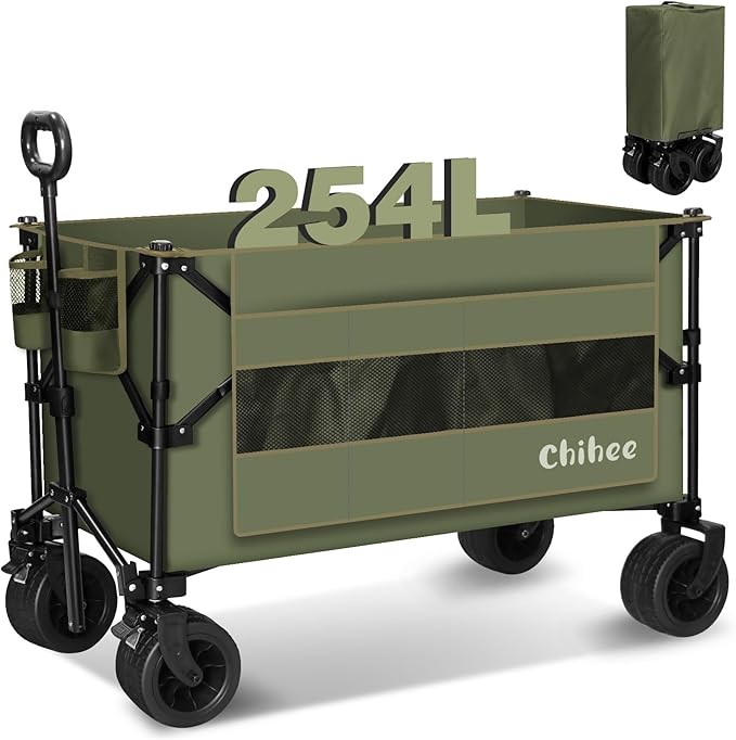 Chihee Garden Cart Collapsible Outdoor Utility Wagon Cart,Folding Beach Cart Oversized Capacity 254L,Heavy Duty Portable Wagon All Terrain Wheels Oversized Side Pocket 2 Drink Holders for Camping