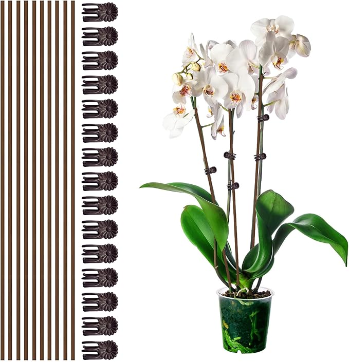 10Pcs Plant Support Stakes with 15Pcs Plant Clips, 15.75inch Tall Bendable Single Stem Sticks Orchid Clips Brown Helps Growth for Indoor Outdoor Flowers Rose Amaryllis