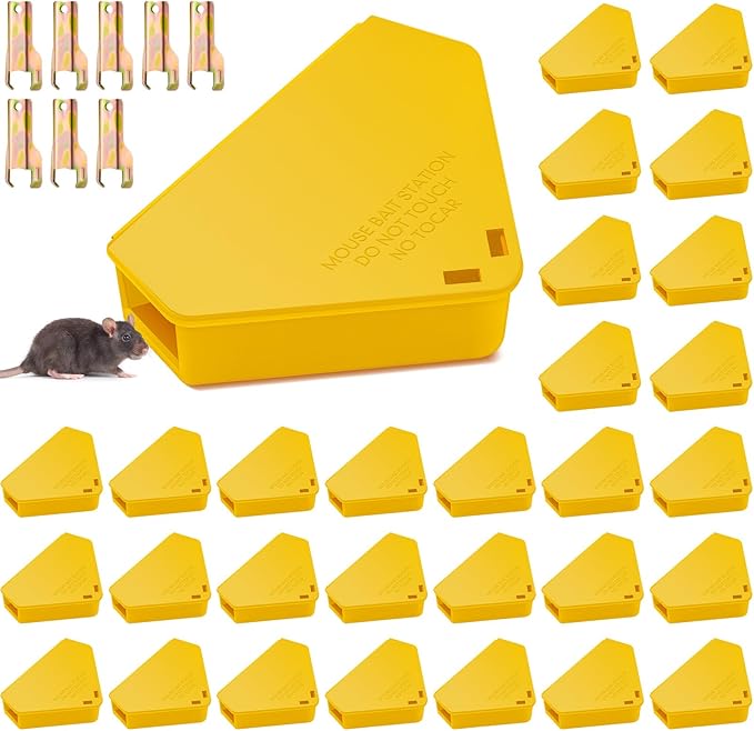 Qualirey 36 Pcs Mice Station with Key Triangle Bait Station Reusable Rodent Trap Bait Box, Keeps Children and Pets Safe Indoor & Outdoor, Bait Not Included, Suitable for Small Mice (Yellow)
