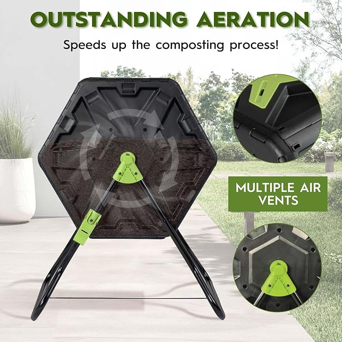 Compost Bin, 21 Gallon Small Composter Tumbler Outdoor Compact Single Rotating Chamber with Sliding Door and Steel Frame, BPA-Free Composting Bin for Garden, Kitchen, and Yard Waste