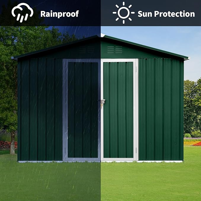 8FT x 6FT Outdoor Metal Storage Shed with Apex Roof - Heavy Duty Steel Garden Shed with Hinged Door & Built-in Vents, Includes Free Padlock for Secure Tool & Equipment Storage (Easy Assembly)