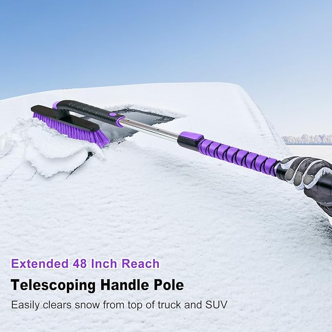 HEEYA 48 Inch Long Snow Brush for SUV, Extendable Ice Scraper and Brush with Foam Grip, 360° Pivoting Snow Car Brush for Truck Auto Jeep RV Vehicle Windshield Window - Purple