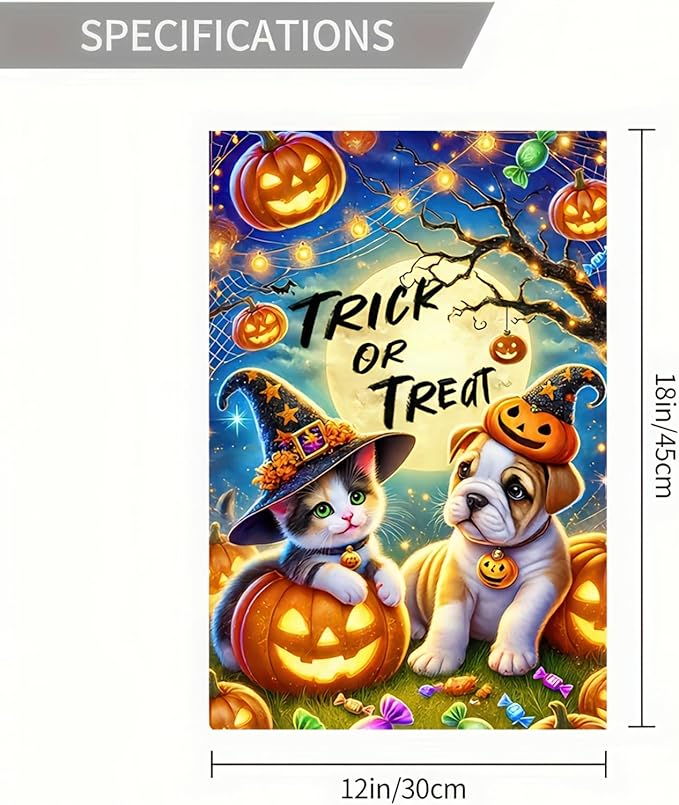 Halloween Garden Flag Double Sided 12x18 Flag Halloween Cat Dog Pumpkin Garden Flag Cute Halloween Dressed Kitten And Puppy Trick Or Treat Theme Indoor Outdoor Home Garden Decor Lawn Banner