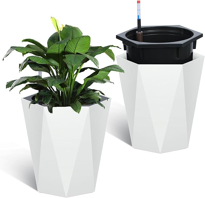 16 Inch Tall Outdoor Planters Set of 2, Self Watering Pots for Indoor Plants with Water Level Monitor & Drainage Hole & Wheels, Large Planter Pots for Garden, Patio, Balcony, White