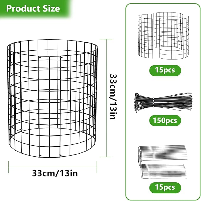 Metal Plant Protector from Animals, 15 Pcs 13'' x 13'' Sturdy Plant Cages with Matching Ground Spikes and Nylon Ties, Keep Animals Out for Plants, Shrubs, Vegetables and Flowers (Black 2)
