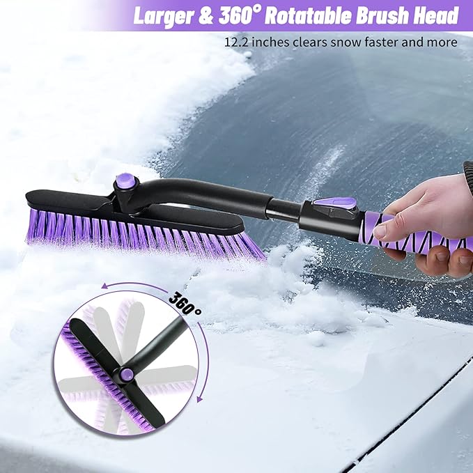 44" Ice Scraper and Snow Brush for Car Windshield with Extendable, 360° Pivoting, Soft Bristle Head, Foam Grip, for Car, Truck, SUV Window Tool (Purple)