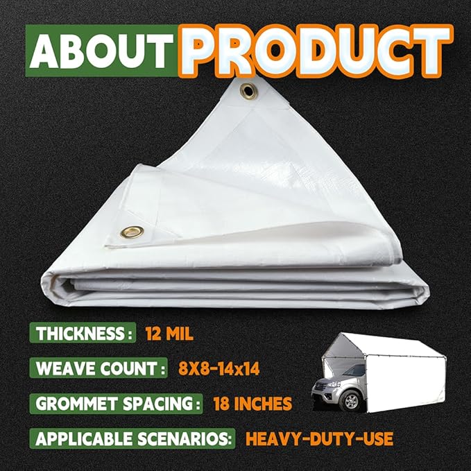 12 Mil Heavy Duty White Tarps 7' X 10', Extra Thick,Durable,Waterproof, UV Resistant, Weatherproof Poly Tarp,with Metal Grommets and Reinforced Edge (Finished Size)-by Raindeway
