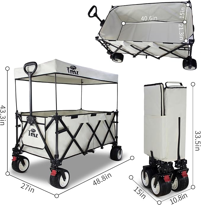 TMZ Collapsible Wagon 445L Heavy Duty Foldable Cart with All-Terrain Wheels, Canopy & Brakes - Extra Large Utility Wagon for Beach, Outdoor, Garden, Camping Portable Foldable Design (White)