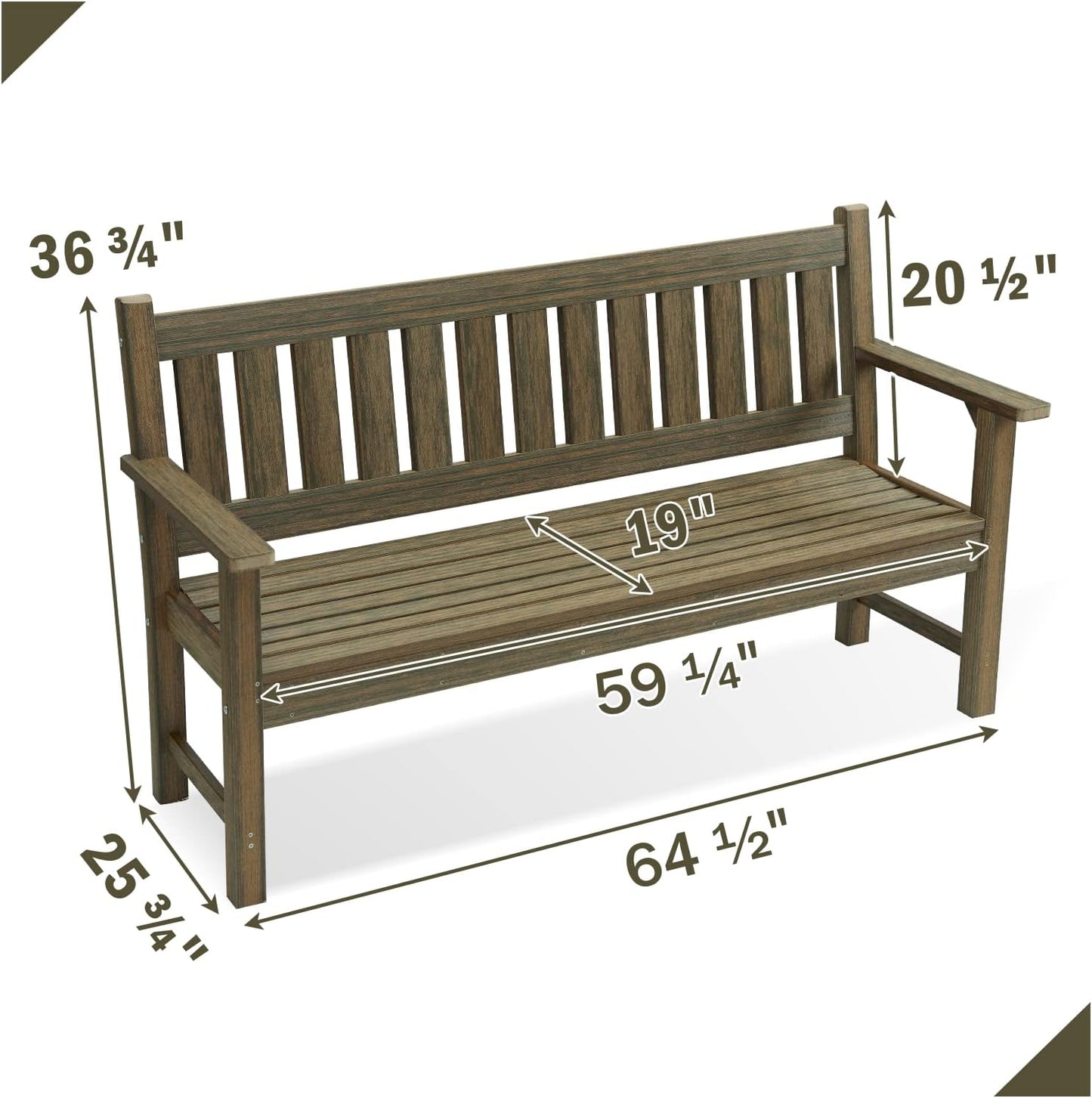 Outdoor Bench, 3-Person Garden Bench, Poly Lumber Patio Bench for Outdoors, Porch, and Park (Light Brown)