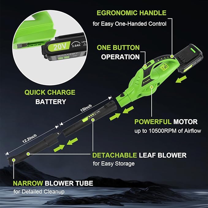 YOUGFIN Leaf Blower Cordless, 20V Handheld Electric Leaf Blower with 2.0Ah Battery and Charger, 2 Speed Mode, Lightweight Battery Powered Blowers for Lawn Care, Yard, Snow Blowing