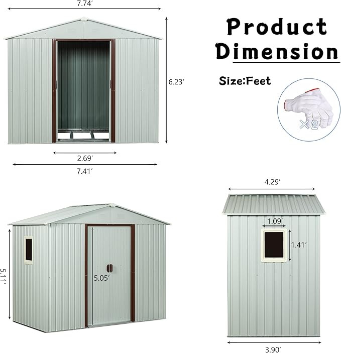 8 x 4 FT Outdoor Storage Shed with Side Window, Metal Garden Shed w/Sliding Doors & Lock, Floor Base and Air Vents, Utility Tool Storage House for Backyard Lawn, White
