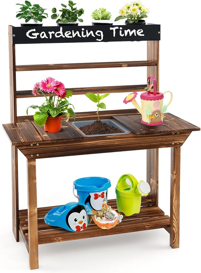 HONEY JOY Mud Kitchen, Fir Wood Kids Potting Bench Table, Removable Sink, 4 Planting Cups, Chalkboard, Outdoor Play Kitchen for Toddlers, Garden Time Mud Kitchen for Kids Outdoor Backyard